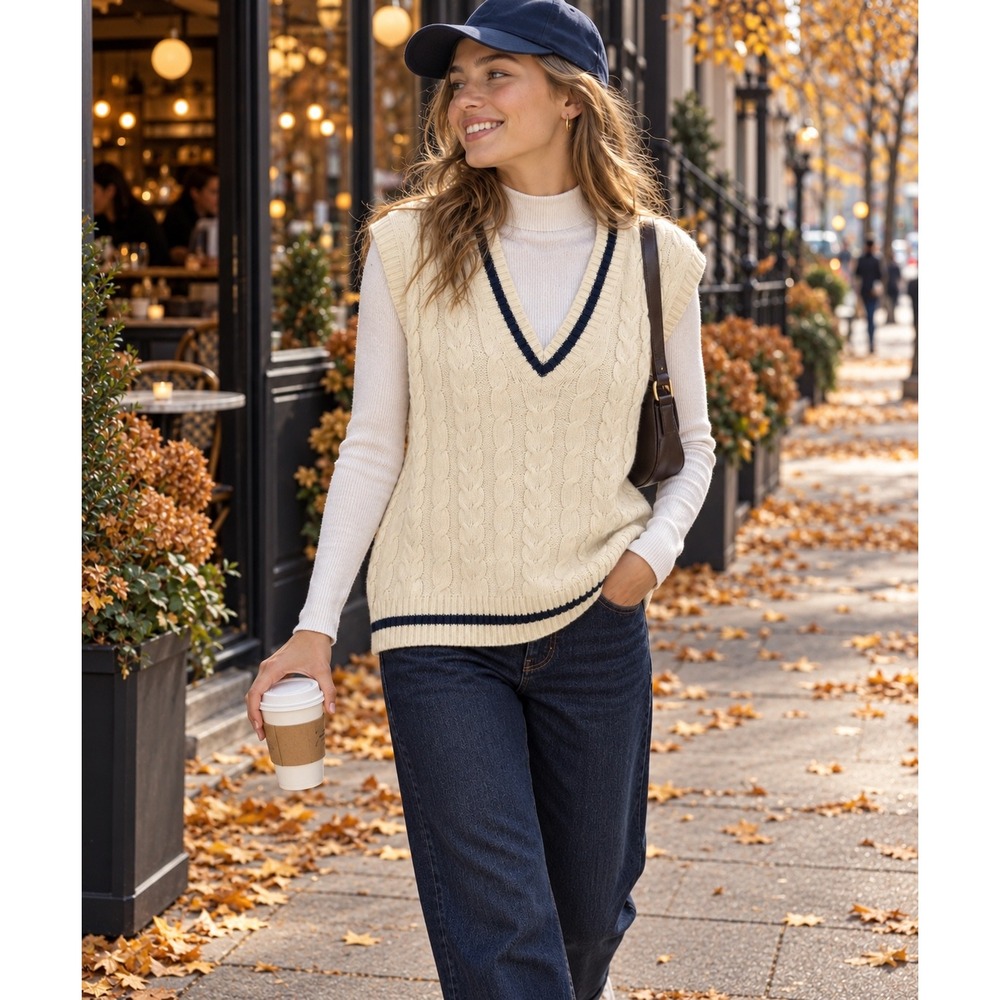 Aritzia Sunday Best Sweater Vest Womens M Cream Cable Knit Tennis Cricket Preppy